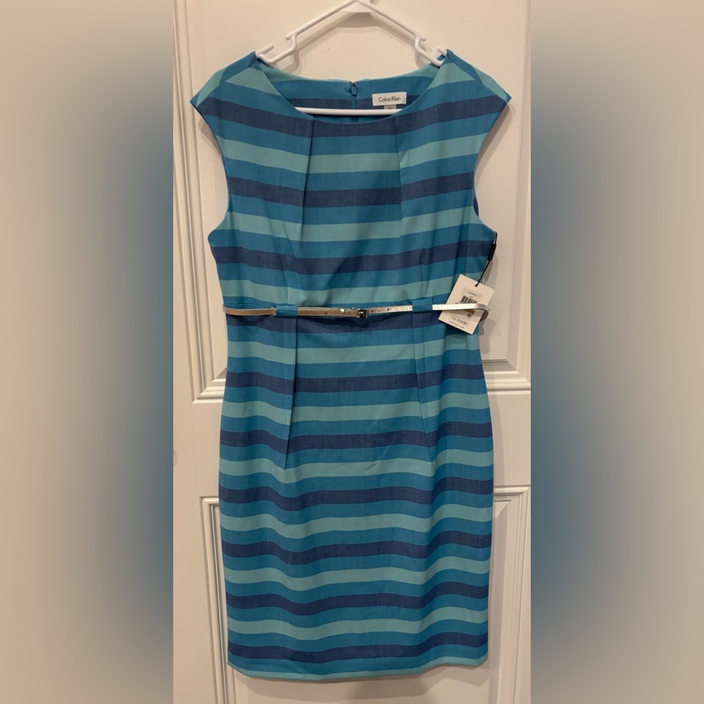 NWT Calvin Klein Blue Striped Dress with Belt